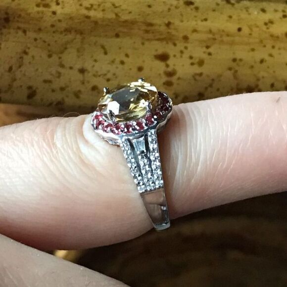 Natural Red Sapphire Yellow Zircon Sterling Silver Halo Ring Size 5 - Picture 2 of 8